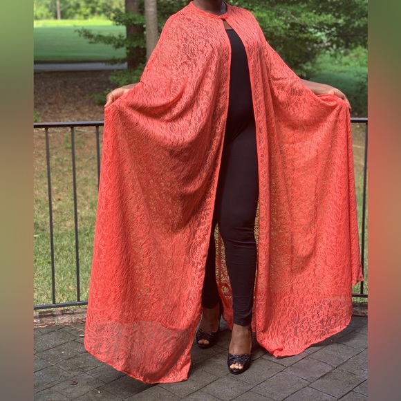 Orange Lace Open Front Handmade Kaftan Circle Maxi Dress - Picture 3 of 3